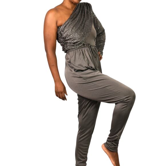 Vintage Climax One Shoulder Jumpsuit Gray Sequin Ruched Draped 70s Retro Small - Picture 3 of 15